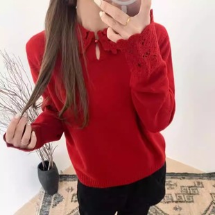 BADX正品 洋气高级感内搭针织上衣 设计感钩花镂空翻领毛衣女25冬季