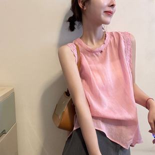 韩系甜美蕾丝花边无袖 小众高级感洋气减龄上衣 背心衬衫 女2025夏季