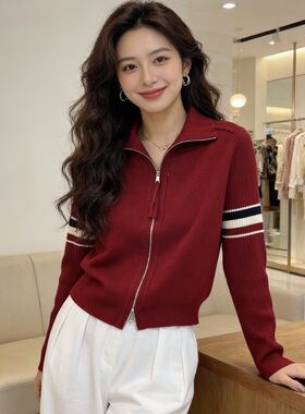 BADX正品冬季新款双拉链袖子拼色条纹宽松百搭毛衣针织开衫外套女