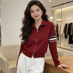 BADX正品冬季新款双拉链袖子拼色条纹宽松百搭毛衣针织开衫外套女