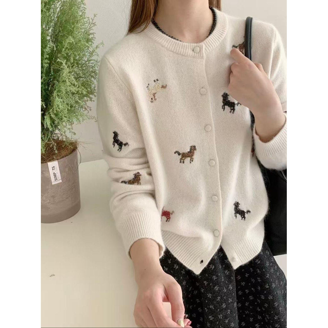 ADX正品小马刺绣包扣长袖毛衣外套女冬季宽松显瘦獭犸绒针织开衫,女装/女士精品,毛针织衫,淘宝优惠券,粉丝福利购,淘宝优惠卷