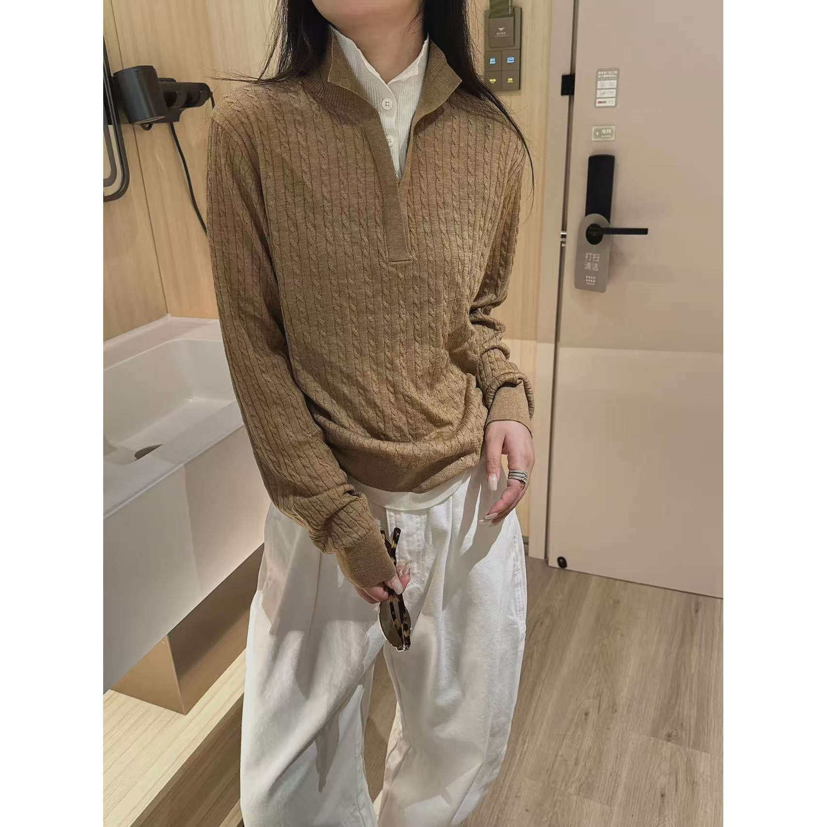 BADX正品韩系双层领半扣麻花套头针织衫女26秋冬洋气显瘦打底毛衣