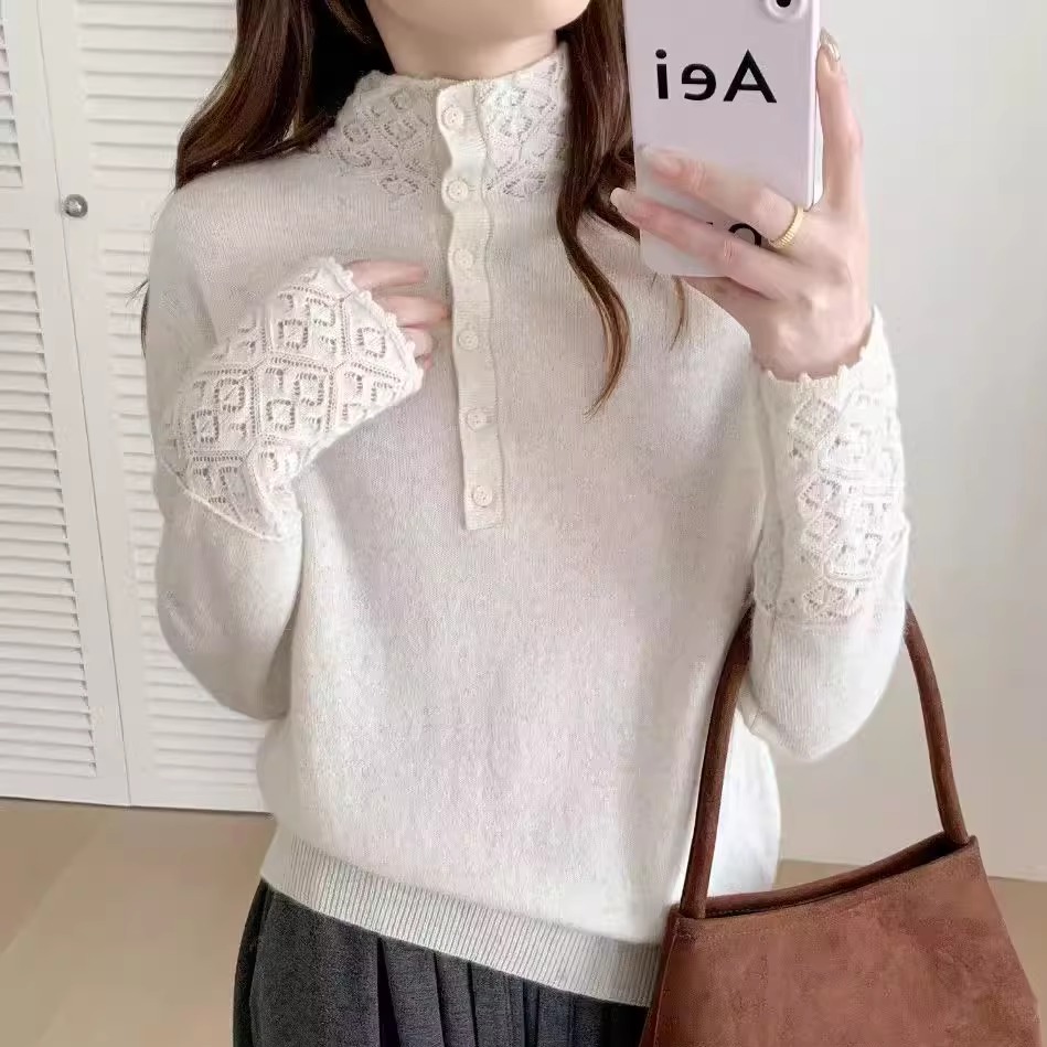BADX正品蕾丝钩花半高领针织衫女2025冬季新款欧货时尚打底毛衣潮
