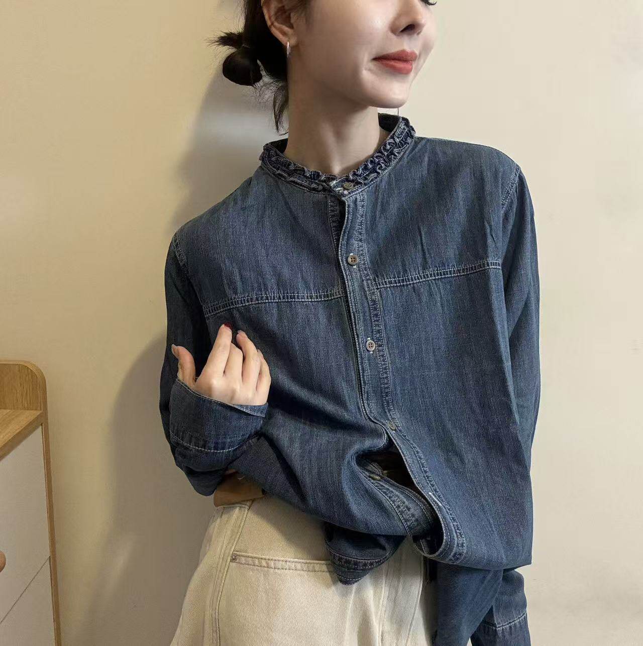牛仔衬衫女2026春季韩版时尚休闲花边领洋气通勤宽松百搭长袖上衣