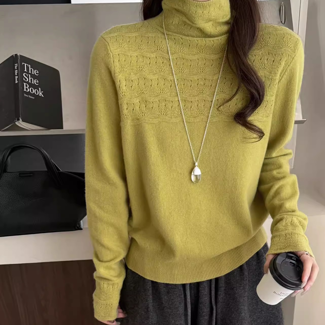 BADX正品25冬季新款韩系温柔风高领镂空钩花羊毛针织衫打底毛衣女