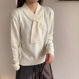 女2205冬季 针织衫 温柔风洋气减龄毛衣 围巾珠子蝴蝶结长袖 BADX正品