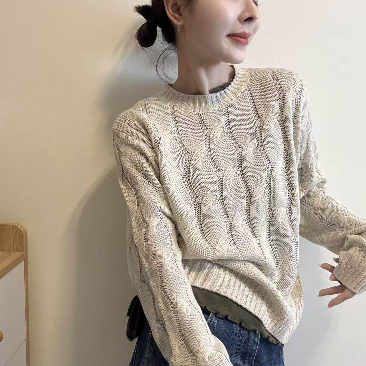 BADX正品欧货时尚圆领麻花软糯针织衫女秋季宽松显瘦百搭长袖毛衣