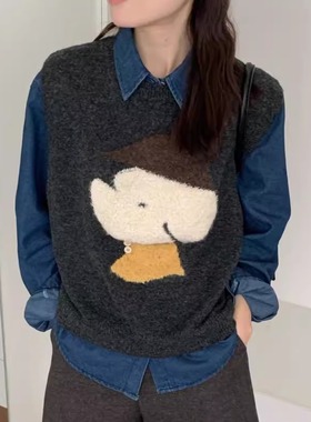 BADX正品耗中线针织毛衣马甲背心女25冬季新款叠穿牛仔衬衫两件套