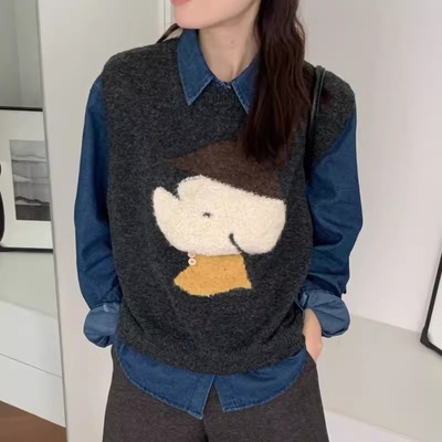 BADX正品耗中线针织毛衣马甲背心女25冬季新款叠穿牛仔衬衫两件套