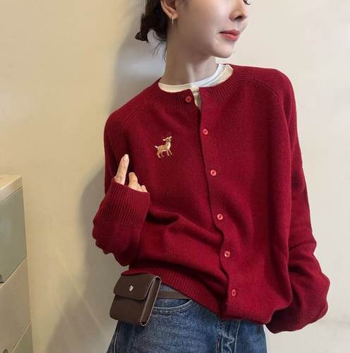 BADX正品圆领单排扣卡通图案针织开衫女2025冬季宽松减龄毛衣外套