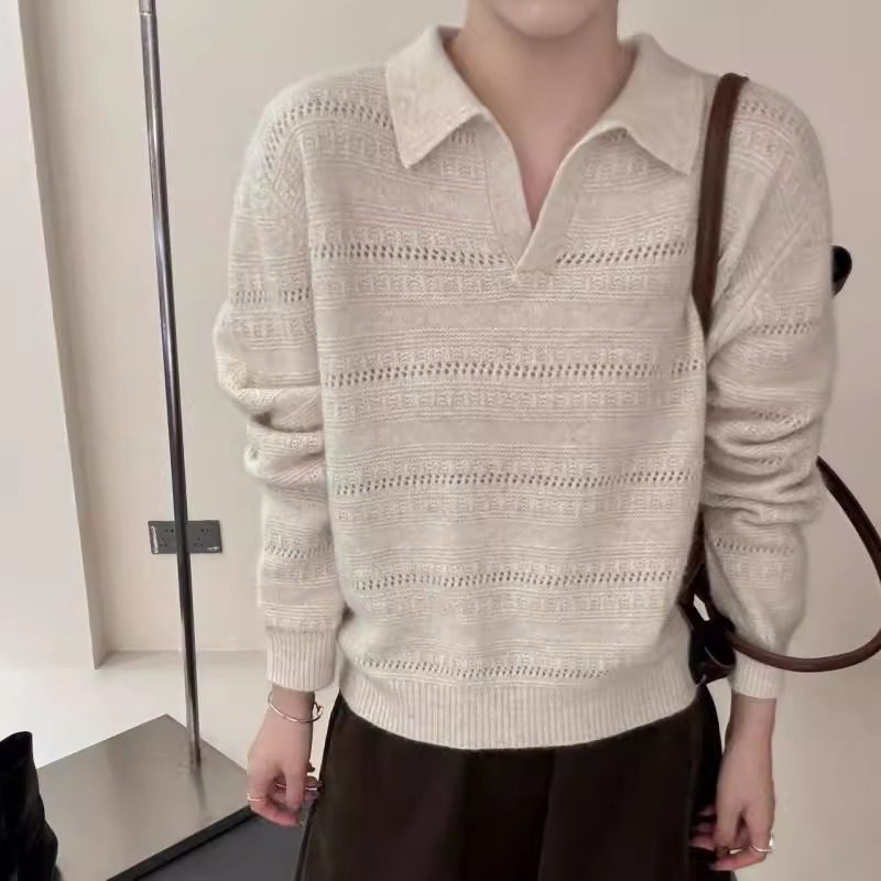 韩版镂空羊驼绒POLO翻领毛衣女25秋季长袖宽松显瘦百搭针织衫上衣