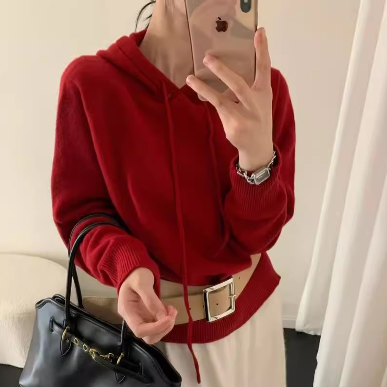 BADX正品纯色套头连帽毛衣女2025秋季宽松慵懒高级感内搭针织上衣