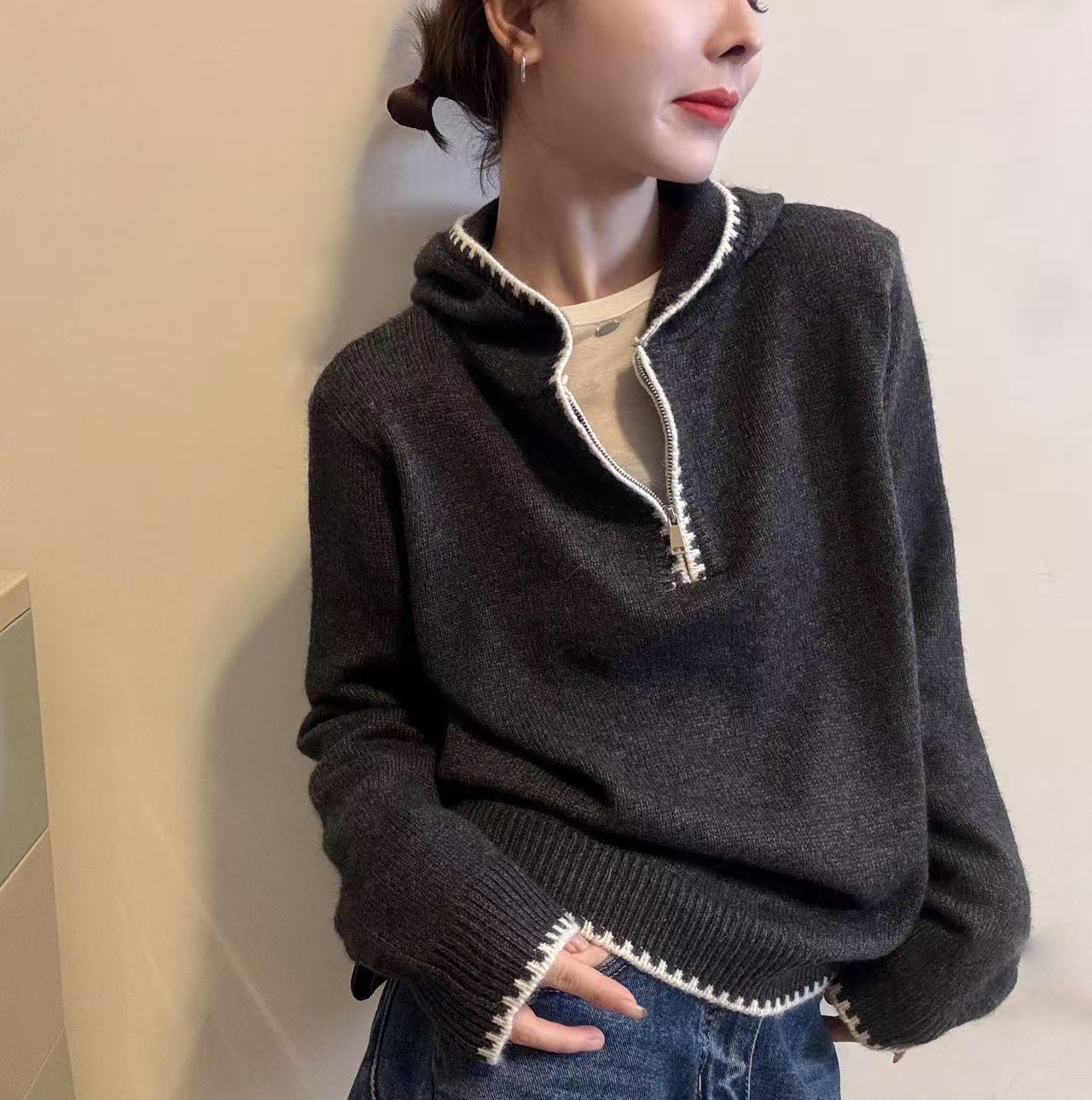 BADX正品拼色边连帽毛衣女25冬季穿搭慵懒高级感长袖套头针织上衣