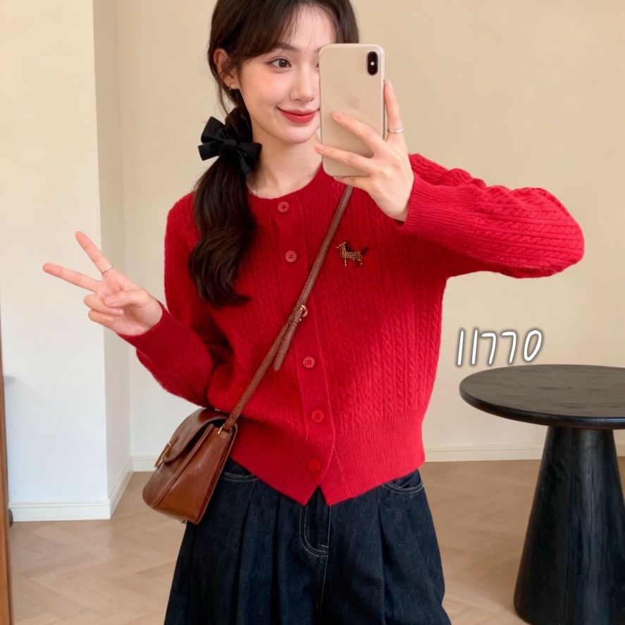 BADX正品发财马刺绣纯色圆领针织开衫女冬季小众麻花设计毛衣外套