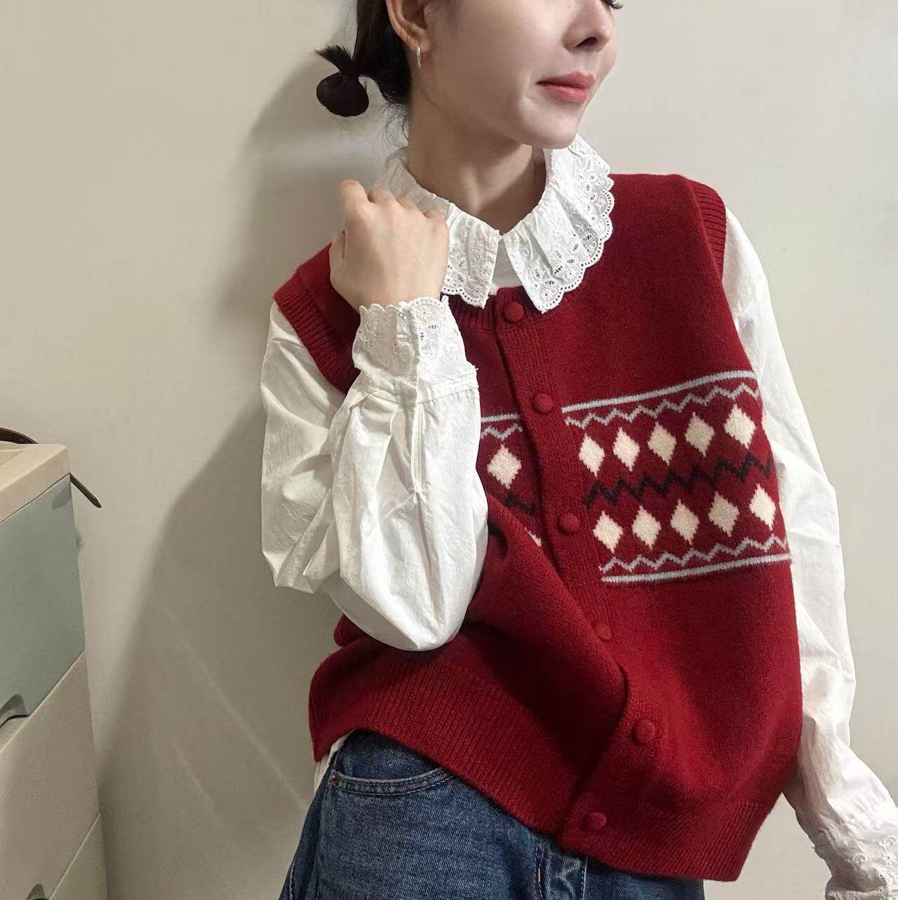 BADX正品复古洋气菱形格针织开衫马甲女冬季宽松圆领叠穿坎肩背心