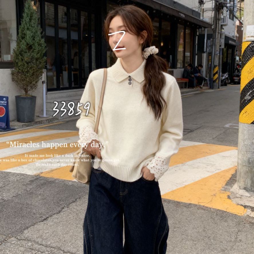 BADX正品纯色翻领袖口钩花设计感针织衫女25冬季宽松显瘦百搭毛衣