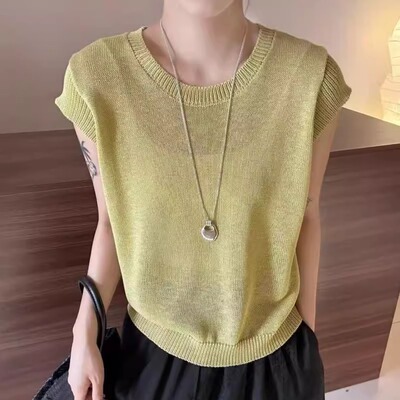 25夏季新款韩版纯色简约圆领小飞袖针织衫女薄款百搭显瘦时尚上衣