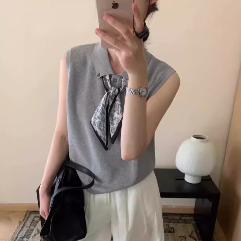 法式时尚百搭翻领无袖针织t恤女夏季配丝巾轻奢高级感POLO领上衣