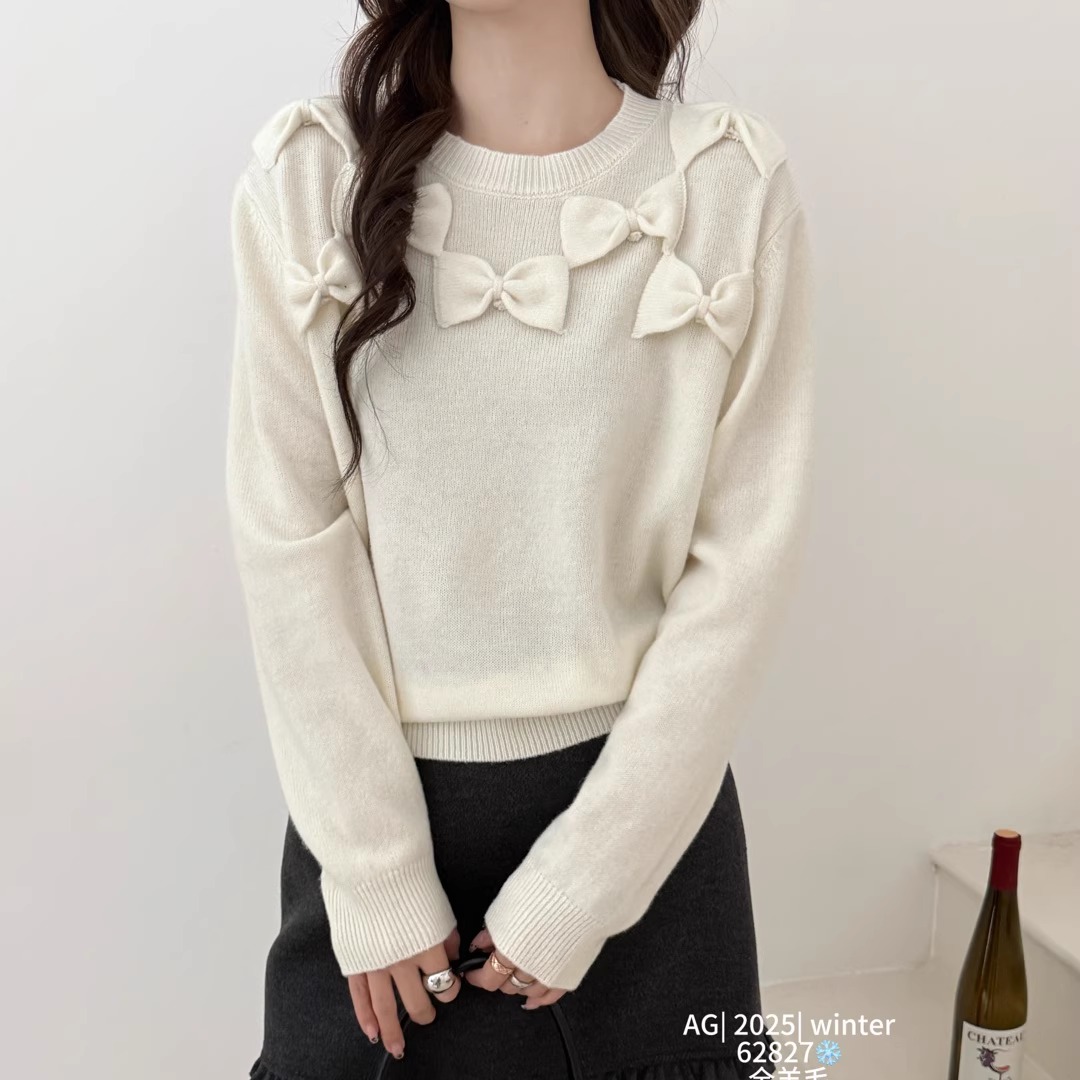 BADX正品纯色圆领羊毛毛衣女25冬季蝴蝶结宽松别致软糯针织衫上衣