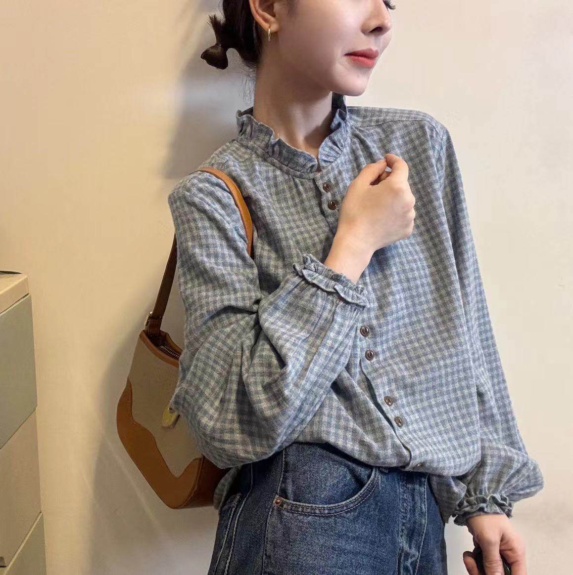 韩系木耳边立领格子衬衫女冬季灯笼袖设计感小众别致内搭叠穿上衣