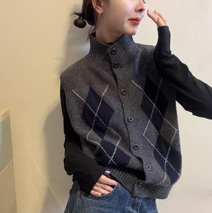 BADX正品菱形格高领针织开衫马甲长袖打底衫两件套女冬季女装上衣