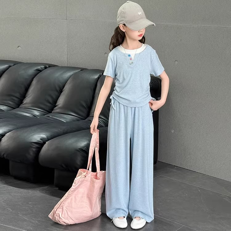 女童套装上衣洋气短袖2026新款女孩儿童夏款阔腿裤女大童休闲春装 - 实物图