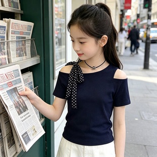 女童夏季短袖T恤2026新款中大童露肩设计感拼接飘带洋气修身上衣