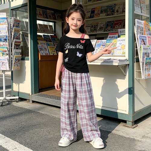 2026新款夏季女童斜肩短袖套装女孩洋气时髦格子裤夏装T恤两件套