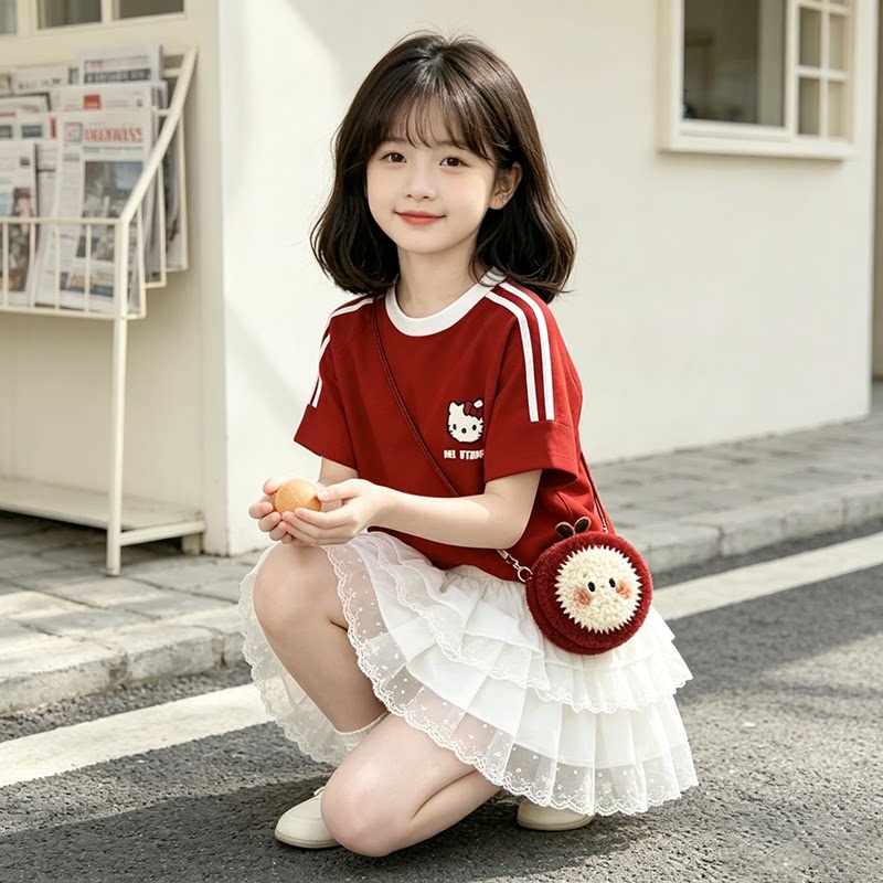 女童韩版套装2026夏新款波点短袖儿童时髦红色卡通上衣网纱半身裙