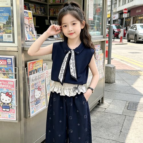中大童翻领丝巾无袖套装夏季新款中大童韩系潮流阔腿裤两件套夏装