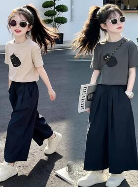女童夏装印花短袖2026新款中大童儿童女孩夏季休闲时髦裤子套装潮