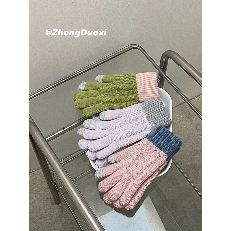 郑多喜 韩版日常百搭复古麻花针织保暖五指手套女ins冬季骑车保暖