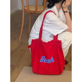 韩国ins新款 抽绳帆布包日系通勤托特包单肩包大容量购物袋手提袋