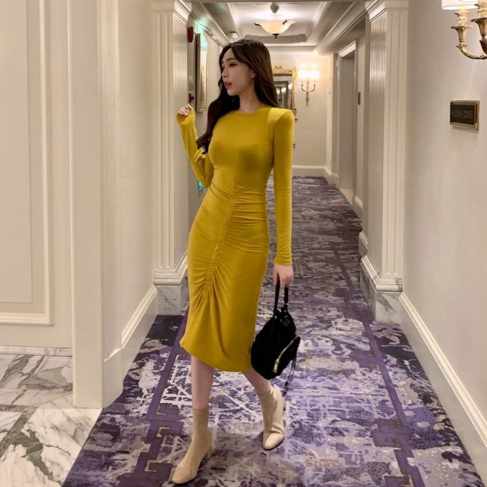 名媛夜店夏收腰黄色显白包臀褶皱连衣裙过膝弹力长袖内搭长裙女|ruв категории Женская одежда, платье - от Buy2taobao.com для оказания профессиональной услуги покупки агента Taobao