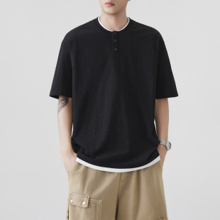 2603 T恤 潮牌亨利领100%纯棉假两件短袖