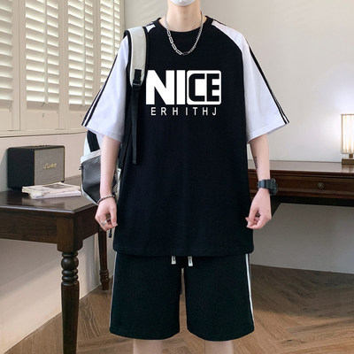 133-k08 纯棉套装青少年100%纯棉阔版短袖T恤+95%棉5%氨纶短裤