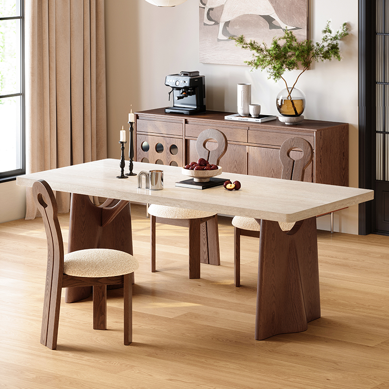 法式复古实木岩板餐桌椅长方形