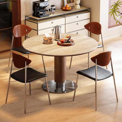 梵创 圆形折叠实木餐桌中古风方圆两用岩板方桌包豪斯饭桌