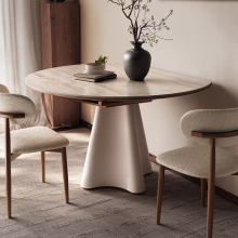 梵创 法式岩板餐桌可变圆桌家用高级实木餐桌小户型奶油风饭桌子
