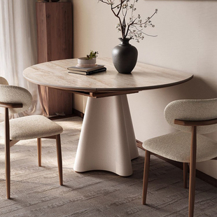 梵创 岩板餐桌可变圆桌家用高级实木餐桌小户型奶油风饭桌子 法式