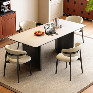 梵创 德利丰实木岩板餐桌家用小户型侘寂奶油风长方形高端吃饭桌