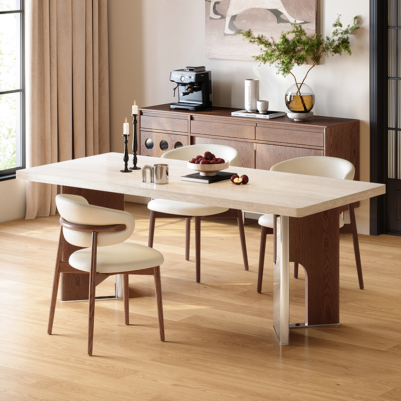 包豪斯洞石岩板餐桌椅实木客厅