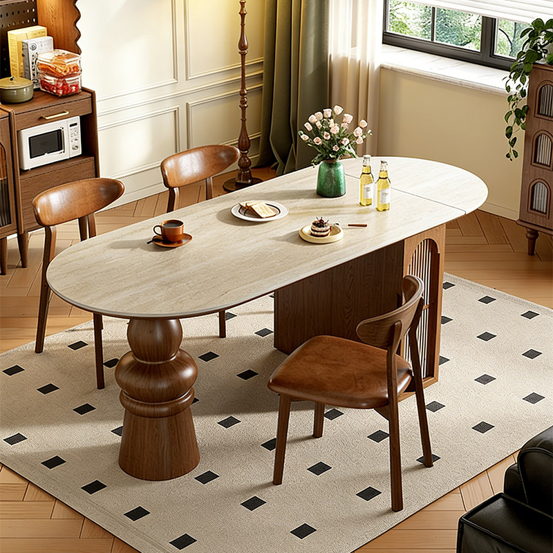 法式复古岩板餐桌可伸缩折叠家用