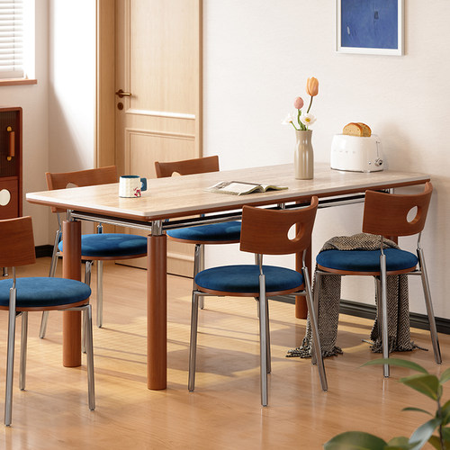 洞石岩板餐桌长方形中古奶油风