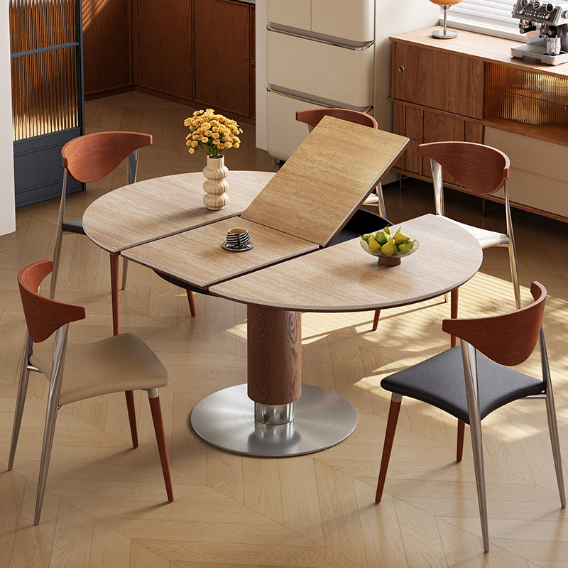 梵创 中古内折叠伸缩岩板餐桌家用小户型椭圆形吃饭桌子椅子组合