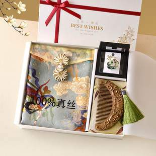 敦煌文创真丝丝巾胸针礼盒中国风新年送老外老师长辈退休礼物女士