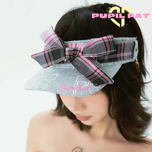 PUPILFAT原创灰粉格子海边夏日甜酷学院风辣妹可拆卸蝴蝶结空顶帽