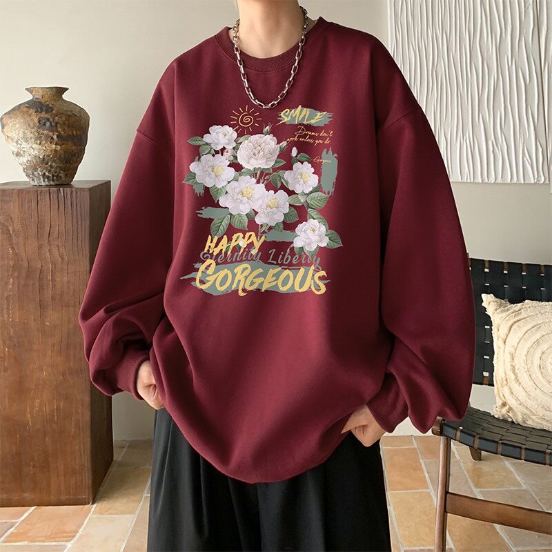 山茶花酒红色卫衣男潮牌美式复古卫衣