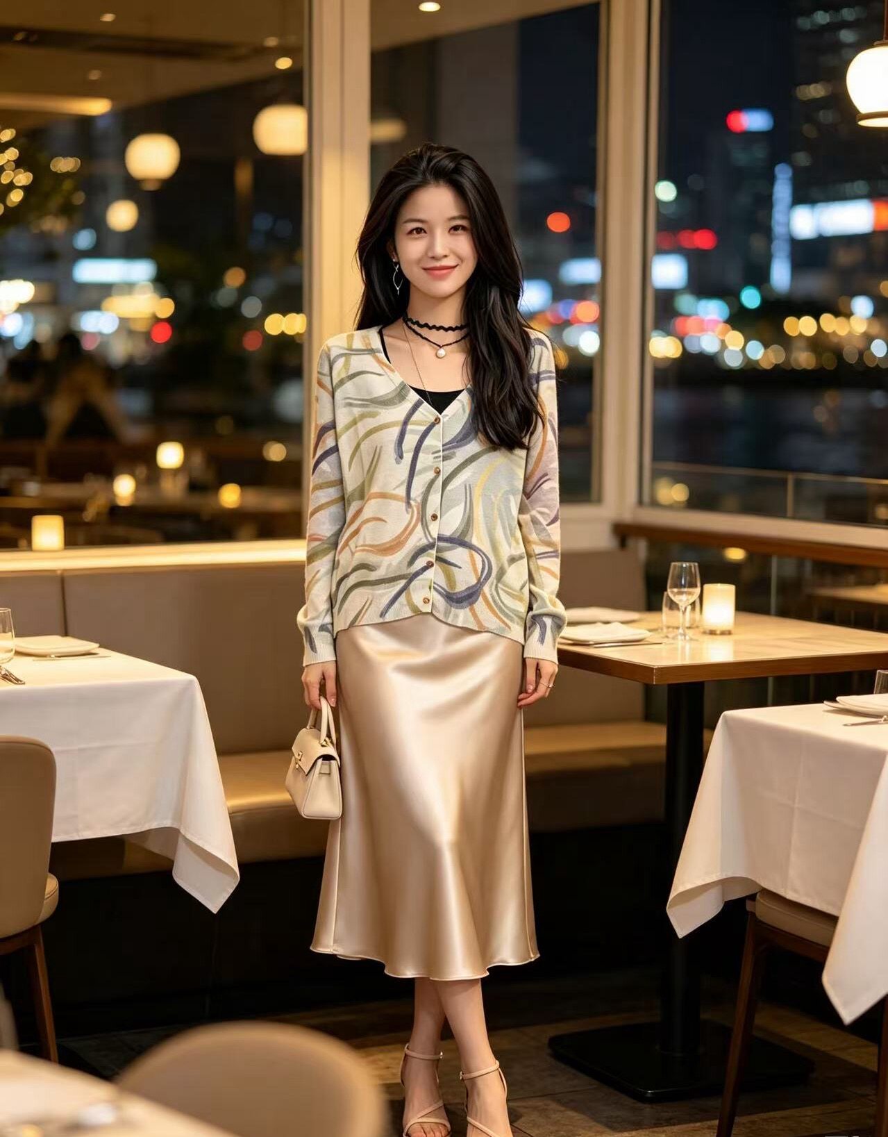 2026新款薄款桑蚕丝羊毛抽象流线艺术印花女V领花色长袖针织开衫