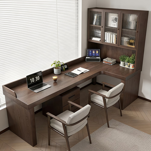 实木转角书桌书柜一体靠墙电脑桌